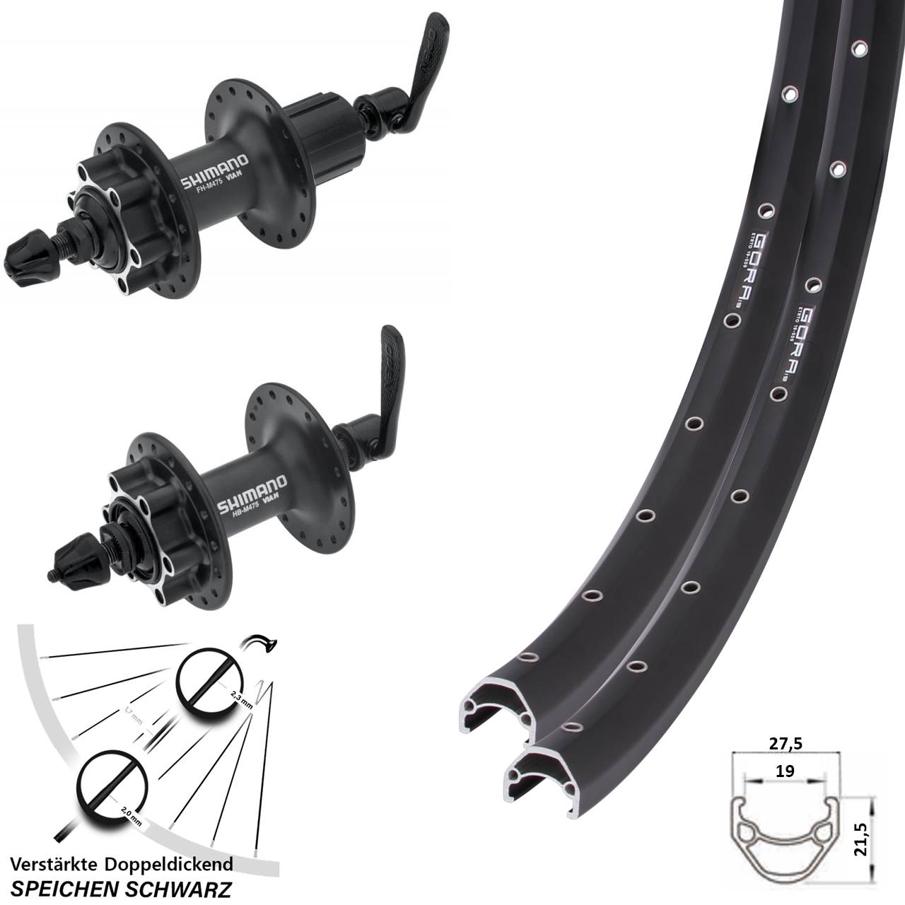 Gora 19 Shimano HB-M475 Shimano FH-M475 26 Zoll 6-Loch Laufradsatz QR 8-11 fach