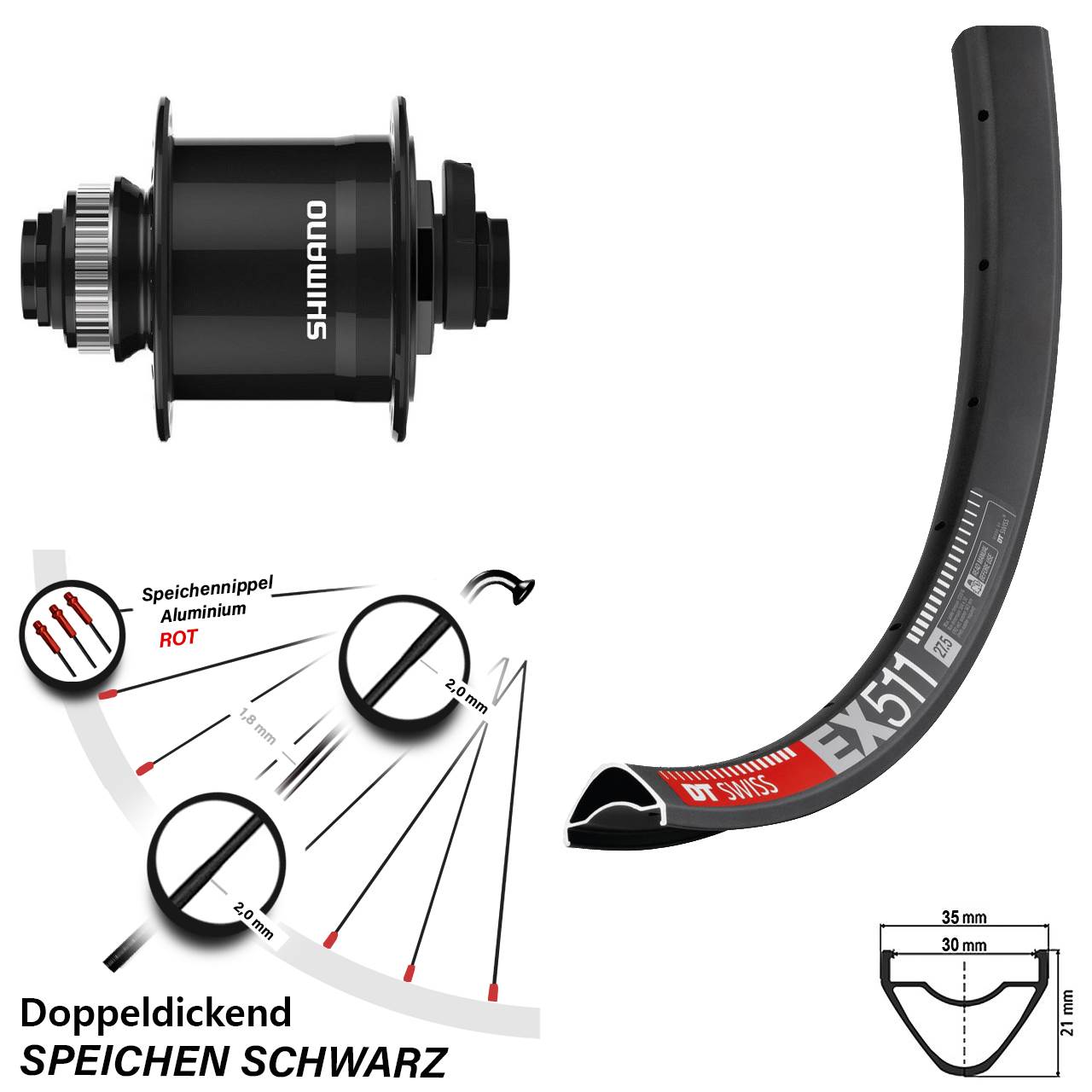 Disc Nabendynamovorderrad 27,5 Zoll DT Swiss EX 511 Shimano DH-UR708 15x100