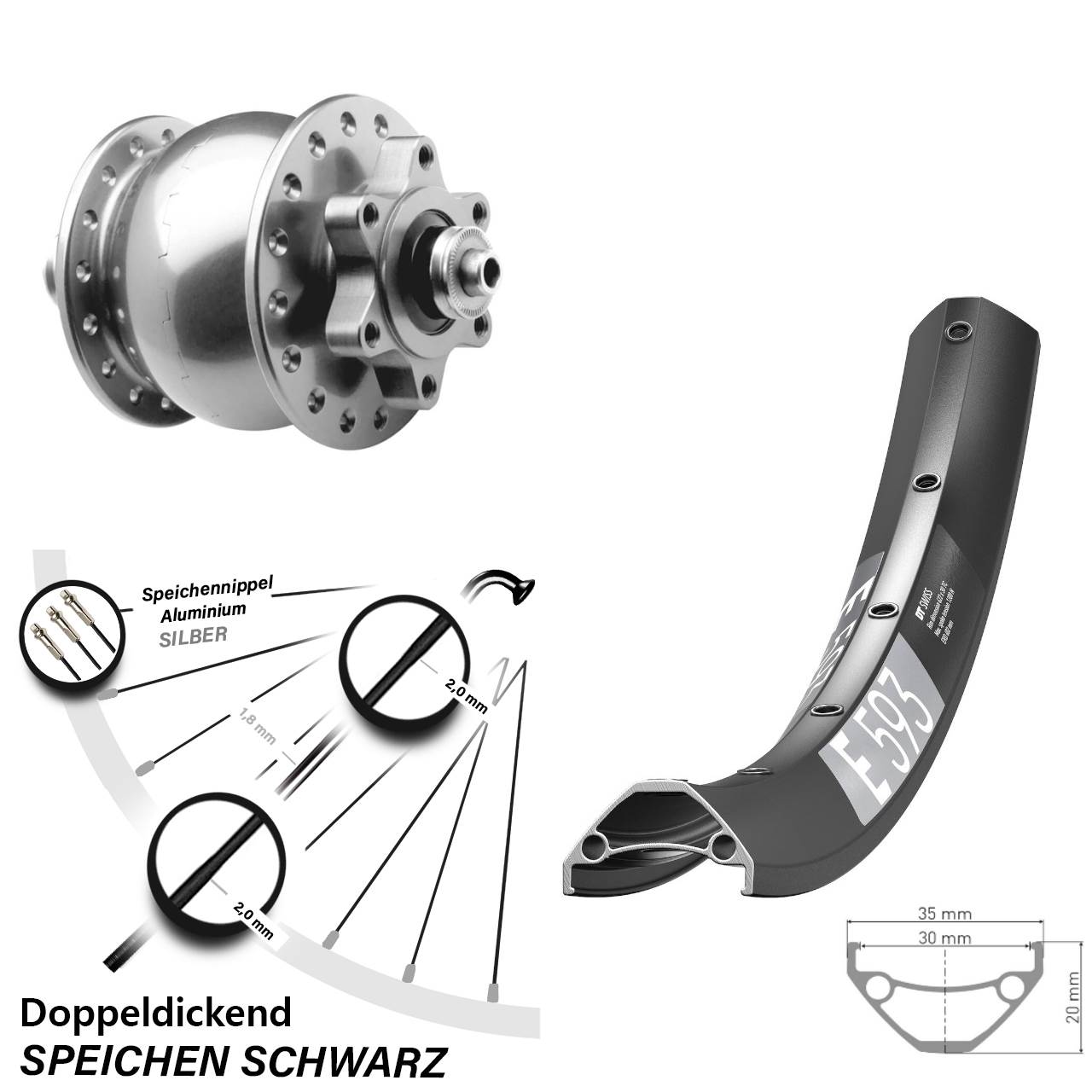 Nabendynamovorderrad 6-Loch 29 Zoll DT Swiss E 593 SON 28 silbern für Schnellspanner