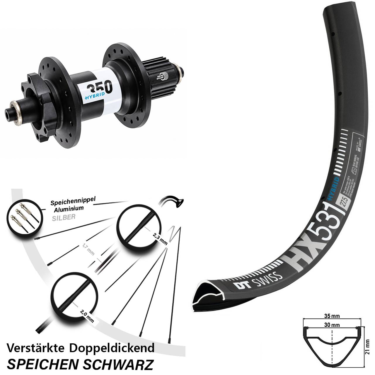 Disc Laufrad 29 Zoll DT Swiss HX531-350 Hybrid Micro Spline für Schnellsp.