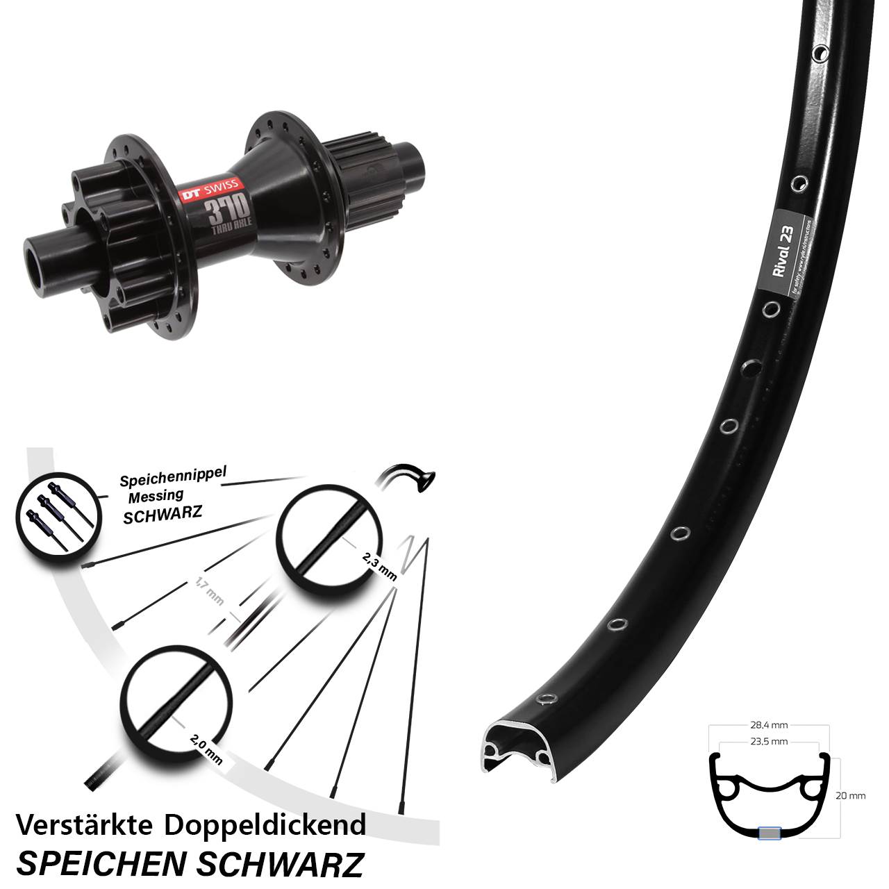 650B Ryde Rival 23 DT Swiss 370 Hinterrad 6-Loch 12x142 Micro Spline