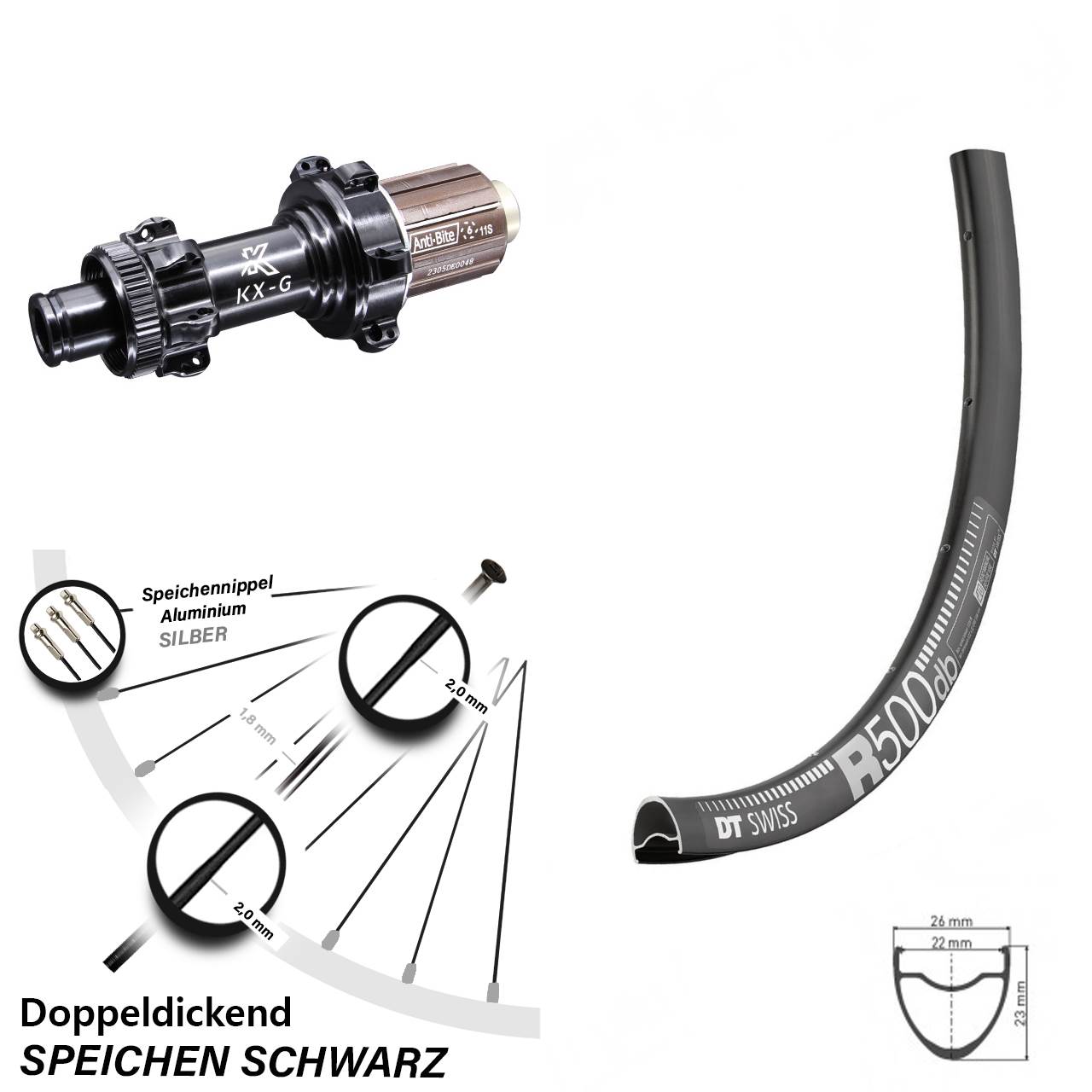 DT Swiss R500 Hinterrad 28 Zoll KX-G 12x142 mm Straightpull Disc Shimano 8-12 fach