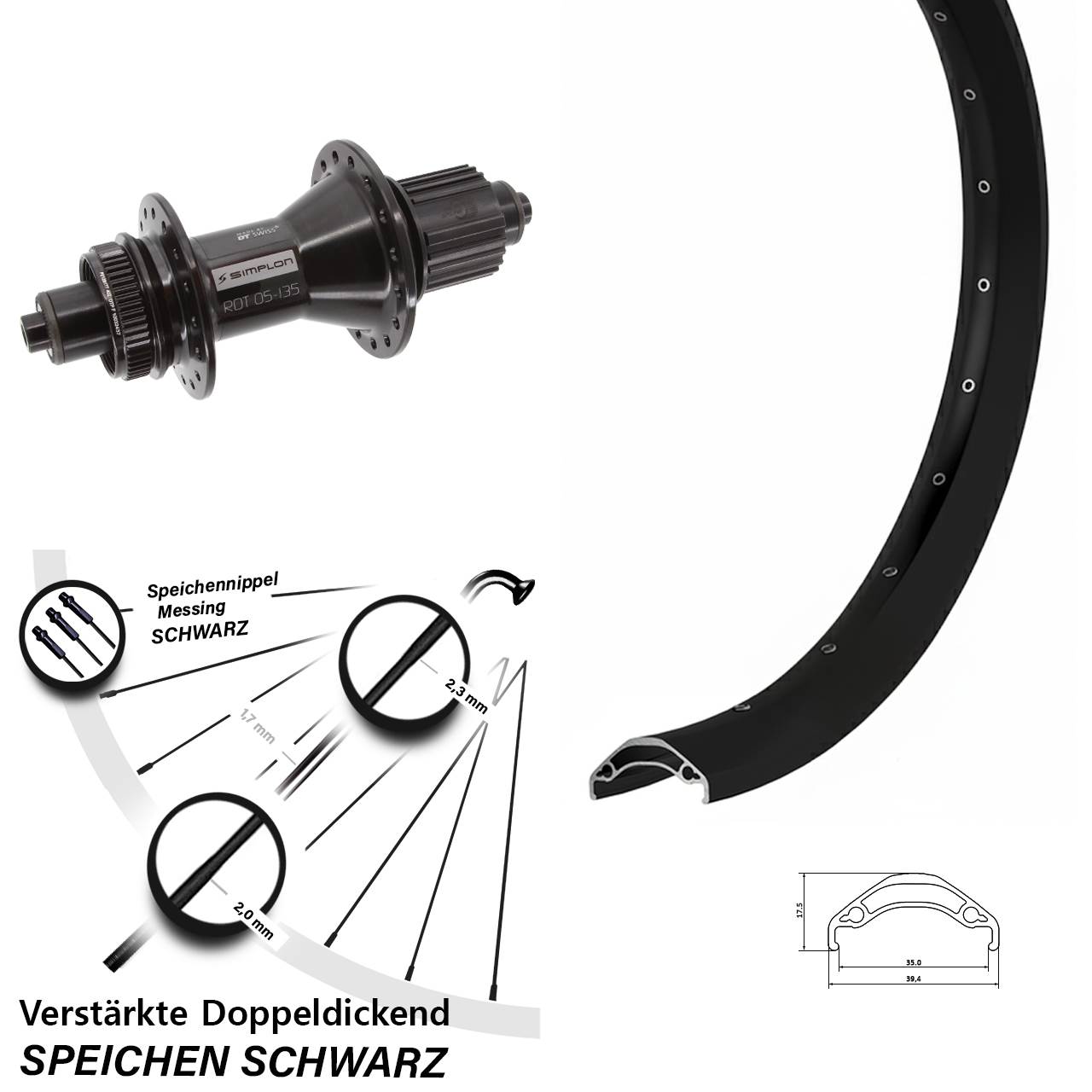 29 Zoll Ryde Disc 35 DT Swiss 370 Hybrid Hinterrad Centerlock QR Micro Spline schwarz