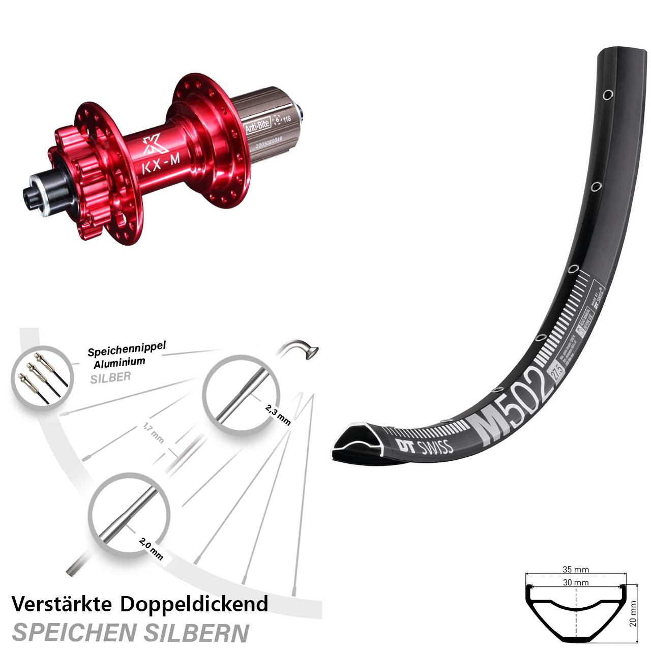 29 Zoll DT Swiss M 502 KX-M rot Hinterrad 6-Loch QR 8-12 fach