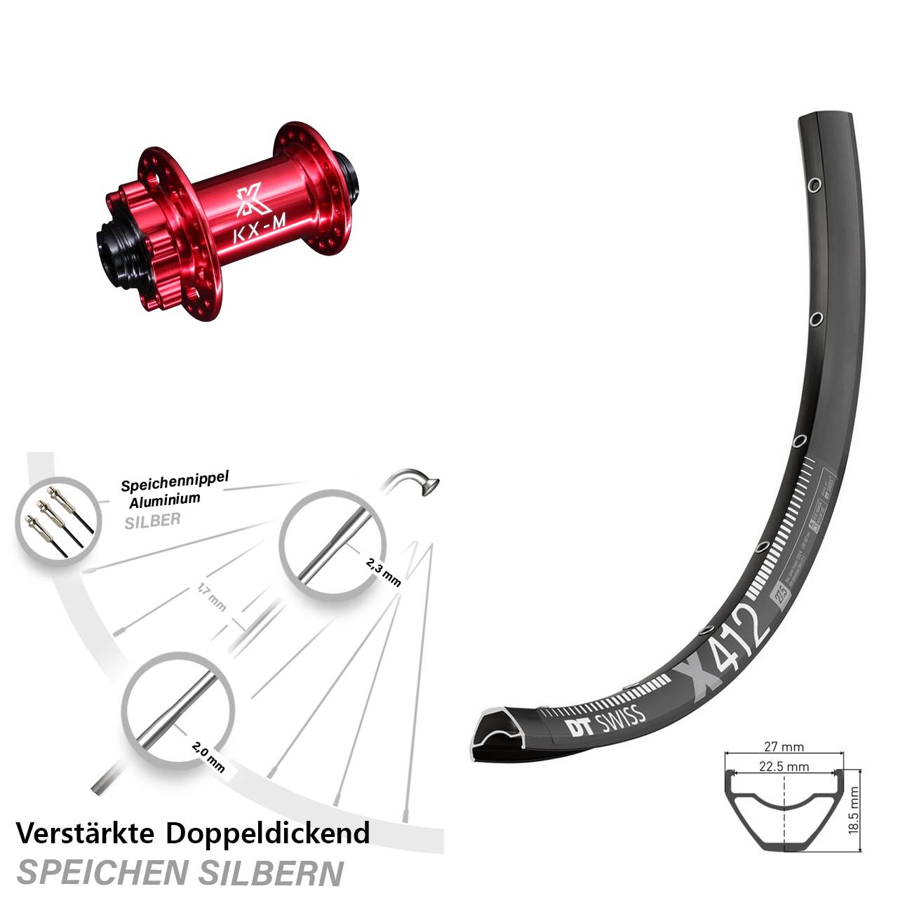 29 Zoll Laufrad 15x100 DT Swiss X 412 KX-M rot Disc 6-Loch