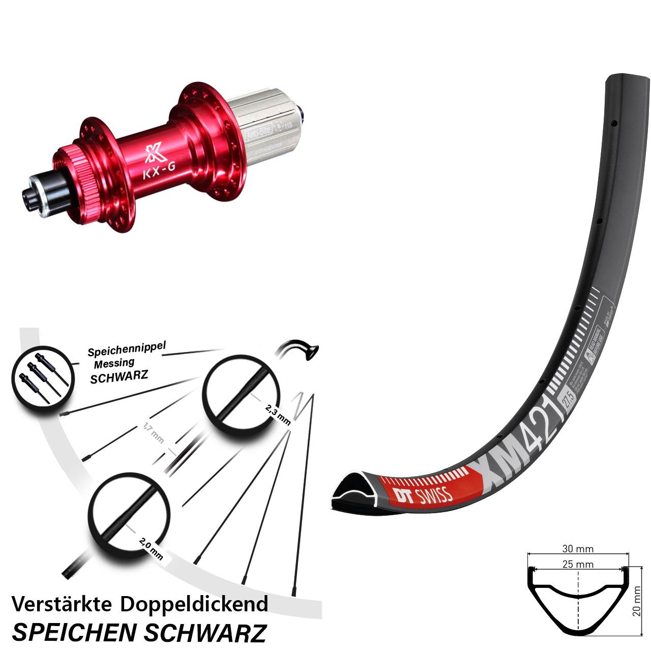 DT Swiss XM 421 KX-G rot 27,5 Zoll Disc Hinterrad QR 8-12 fach HG