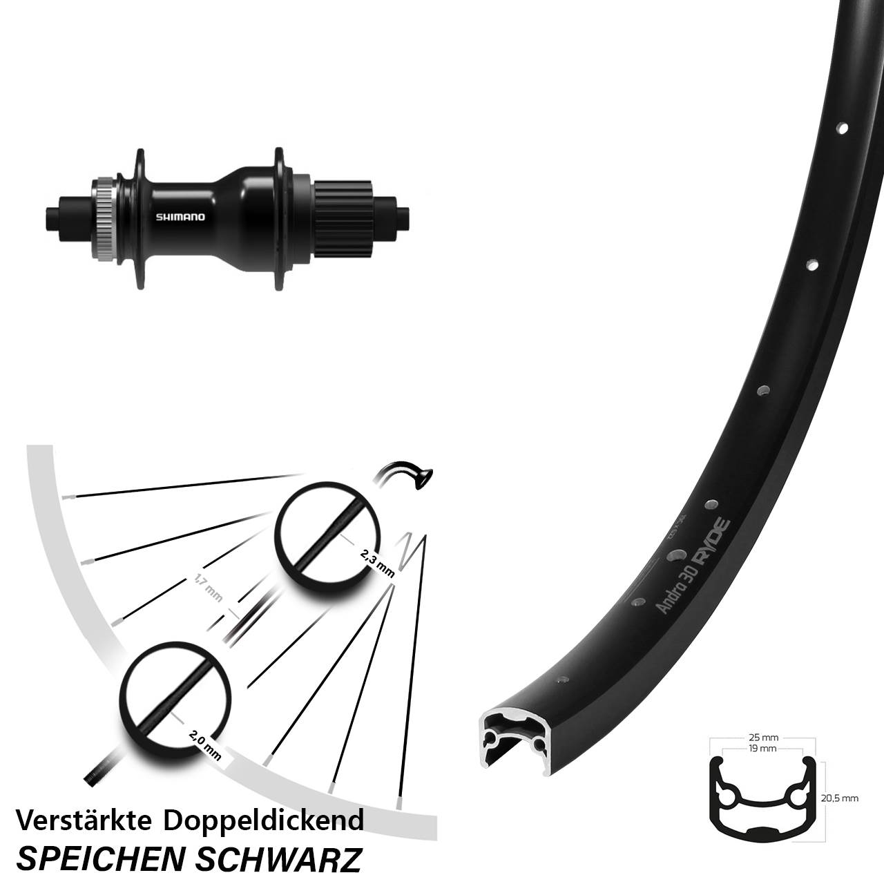 Hinterrad Centerlock QR 28 Zoll Ryde Andra 30 Shimano FH-QC500-MS Micro Spline