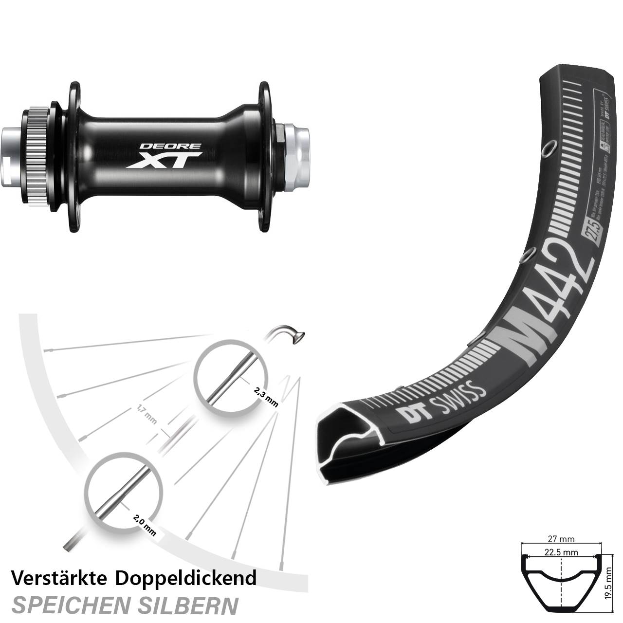 28 Zoll DT Swiss M 442 Shimano Deore XT Boost Vorderrad Centerlock 15x110