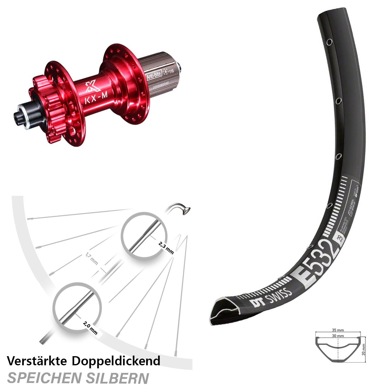 Disc Laufrad 29 Zoll DT Swiss E532 KX-M rot 8-12 fach für Schnellspanner