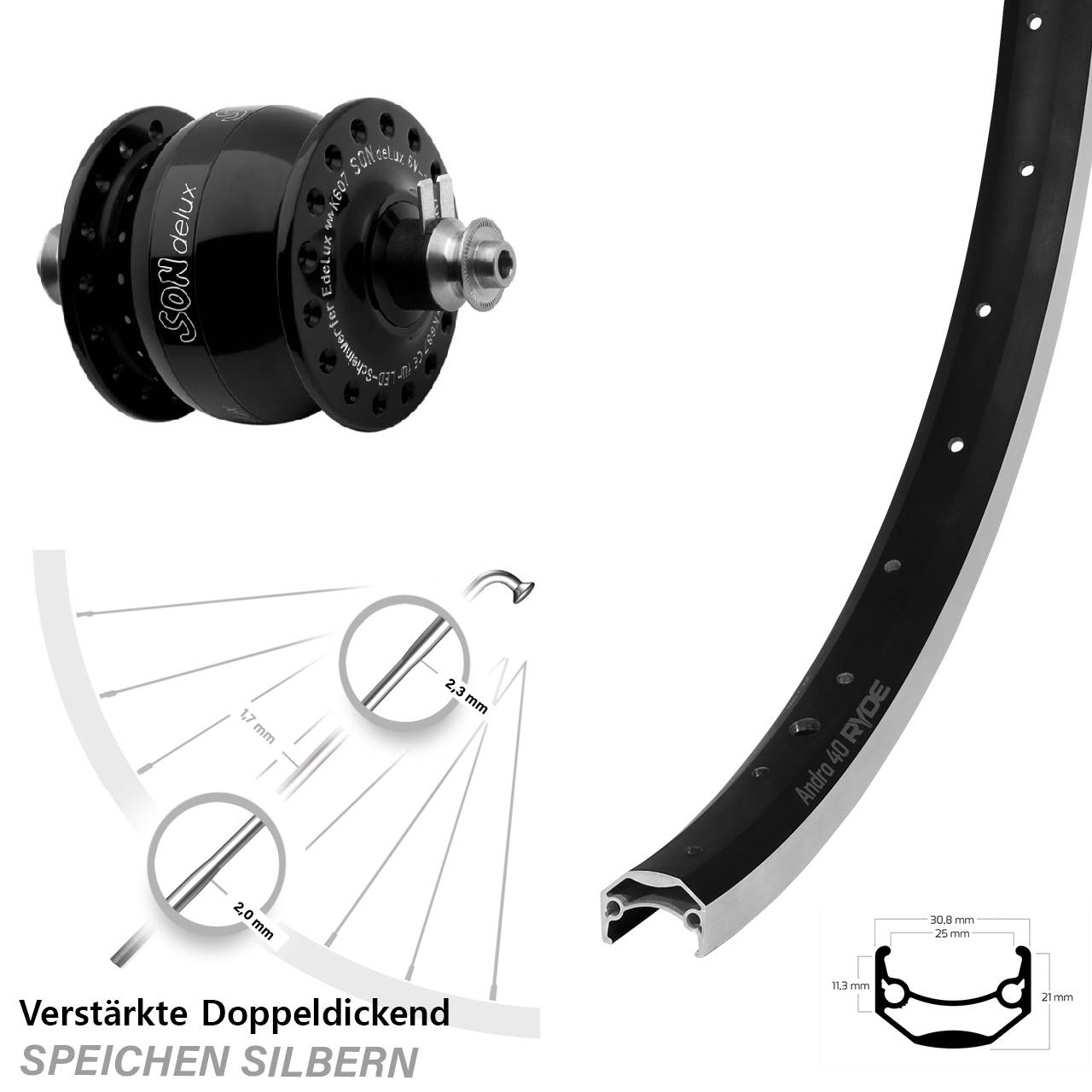 28 Zoll Ryde Andra 40 SON delux Vorderrad mit Nabendynamo für Schnellspanner
