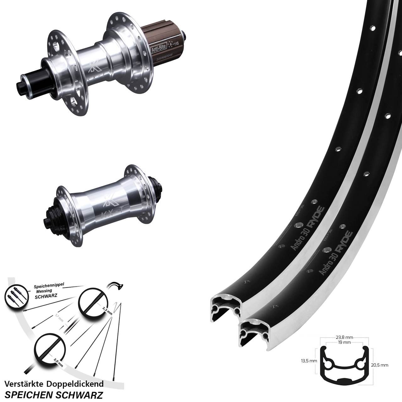 Laufradsatz 26 Zoll Ryde Andra 30 KX-T 4 Kugellager 8-12 fach HG für Schnellspanner
