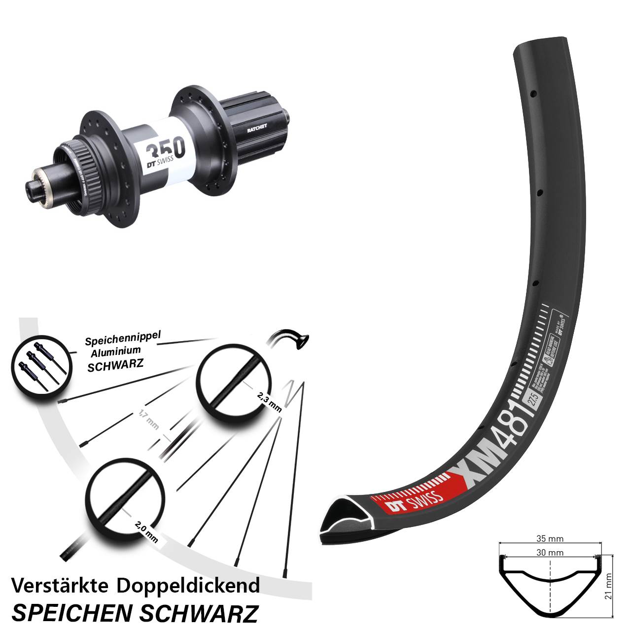 DT Swiss XM481-350 Ratchet 36 27,5 Zoll Centerl. Hinterrad für Schnellspanner 8-11 fach HG