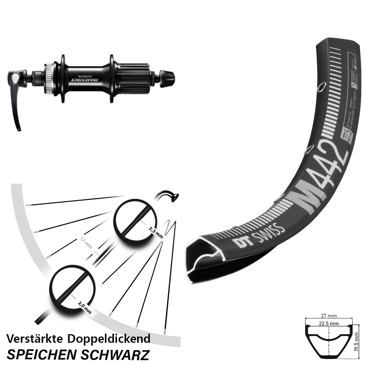 28-29 Zoll DT Swiss M442 Shimano Deore Disc Hinterrad für Schnellspanner 8-11 fach