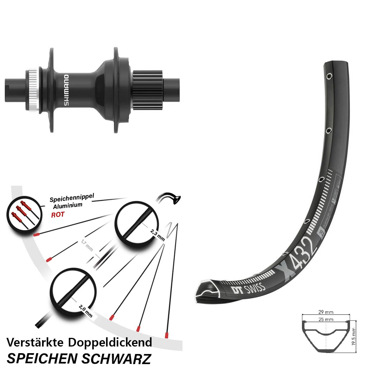 Disc Hinterrad 12x142 29 Zoll DT Swiss X 432 Shimano FH-MT410 Micro Spline