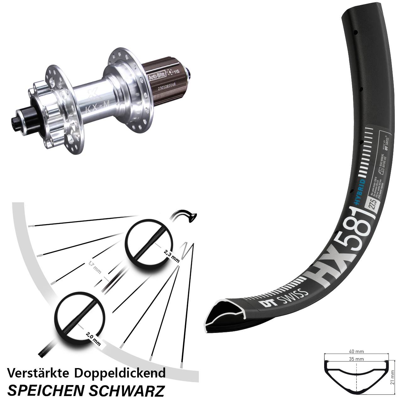 27,5 Zoll DT Swiss HX581 KX-M Disc Hinterrad QR 8-12 fach HG