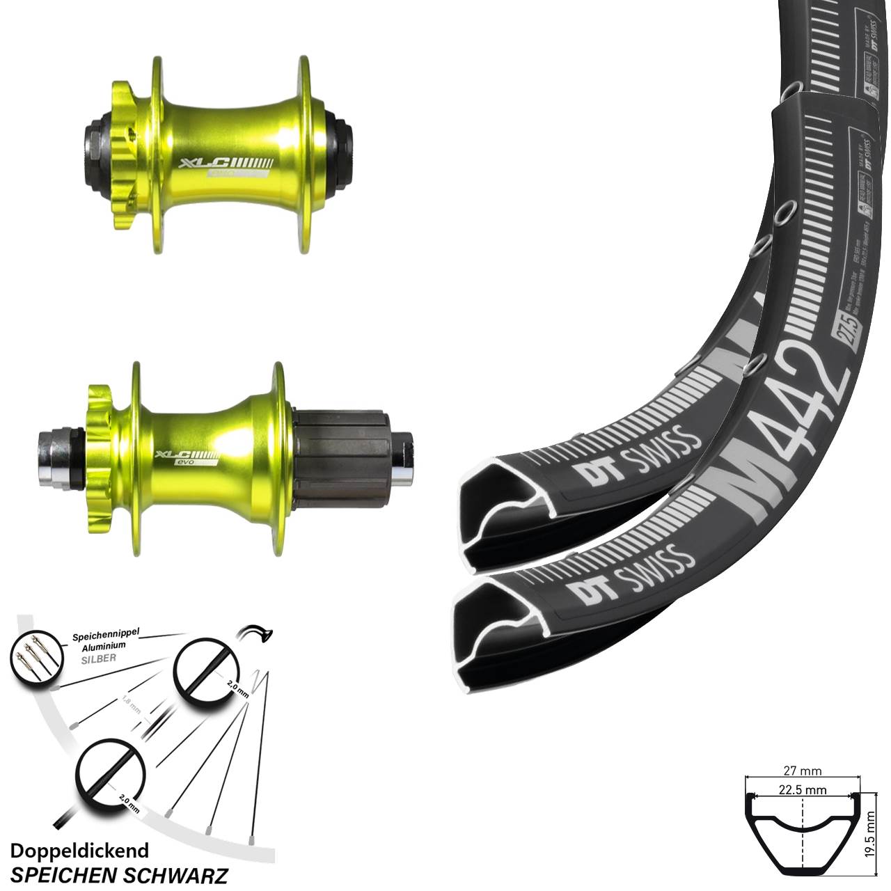 29 Zoll DT Swiss M 442 Laufradsatz Steckachse 100x142 mm Formula grün-eloxiert