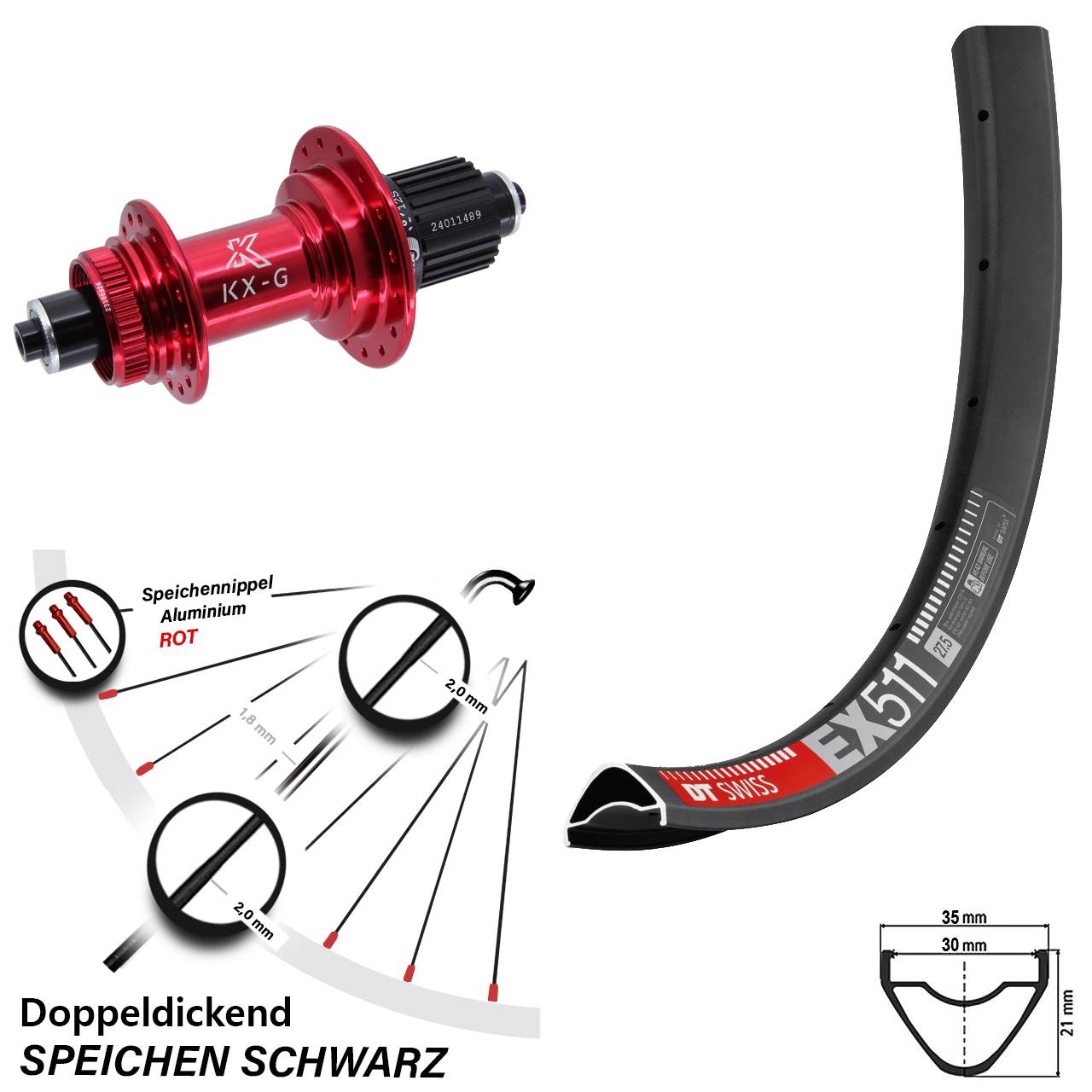 Hinterrad 28 Zoll DT Swiss EX 511 KX-G rot Micro Spline