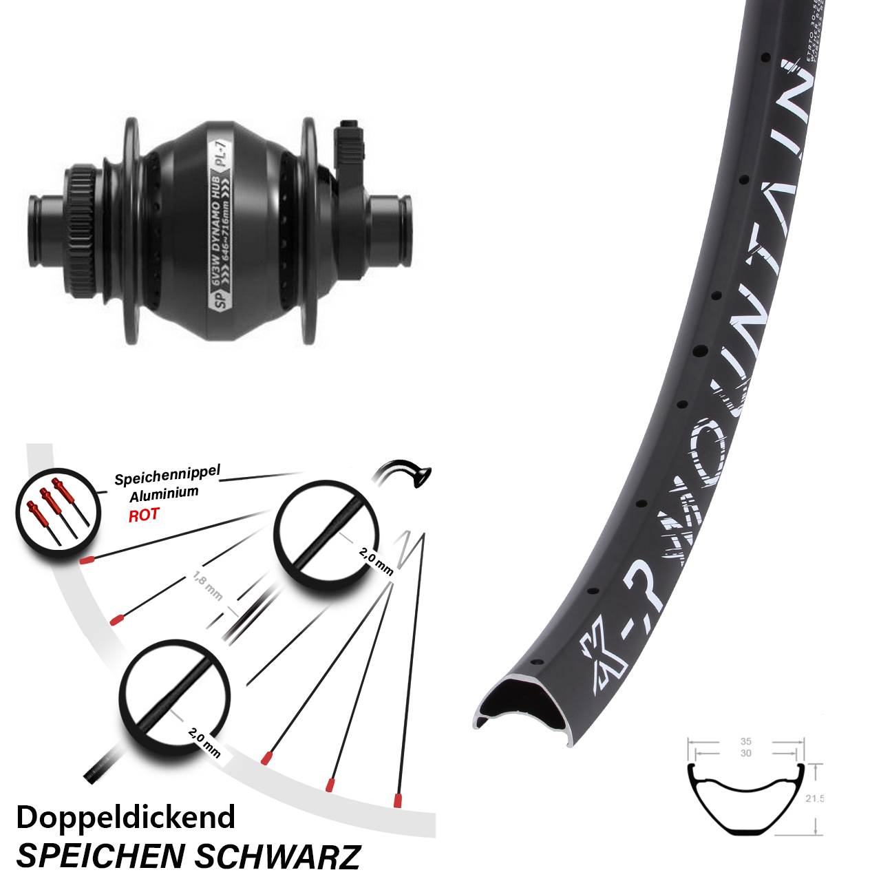 Disc Nabendynamovorderrad 29 Zoll KX-R Mountain Shutter Precision PL-7 12x100