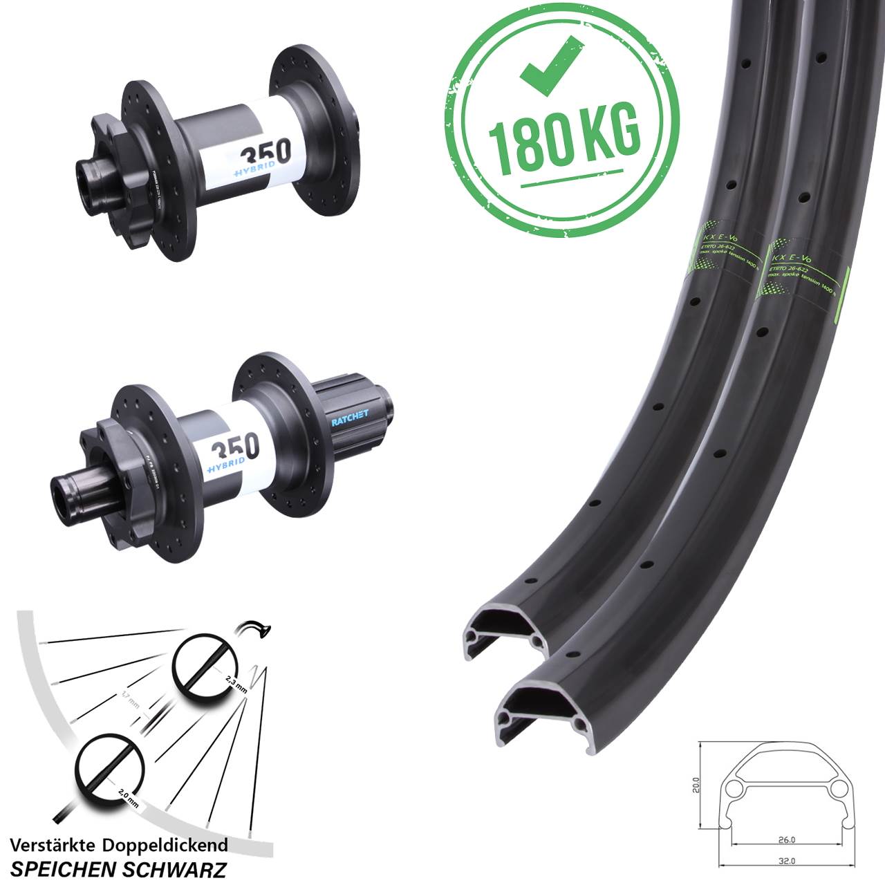 Disc Laufrad-Satz 26 Zoll KX Evo DT Swiss 350 Hybrid 8-11 fach 15x110 12x148 Boost