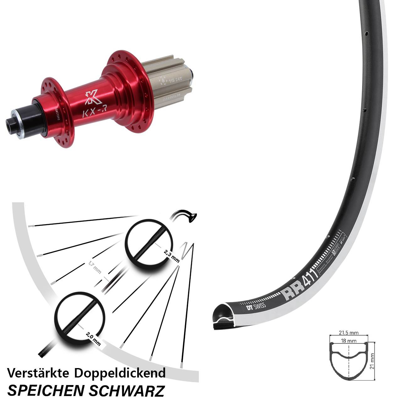DT Swiss RR 411 KX-R rot 28 Zoll Laufrad hinten QR 8-12 fach Campa
