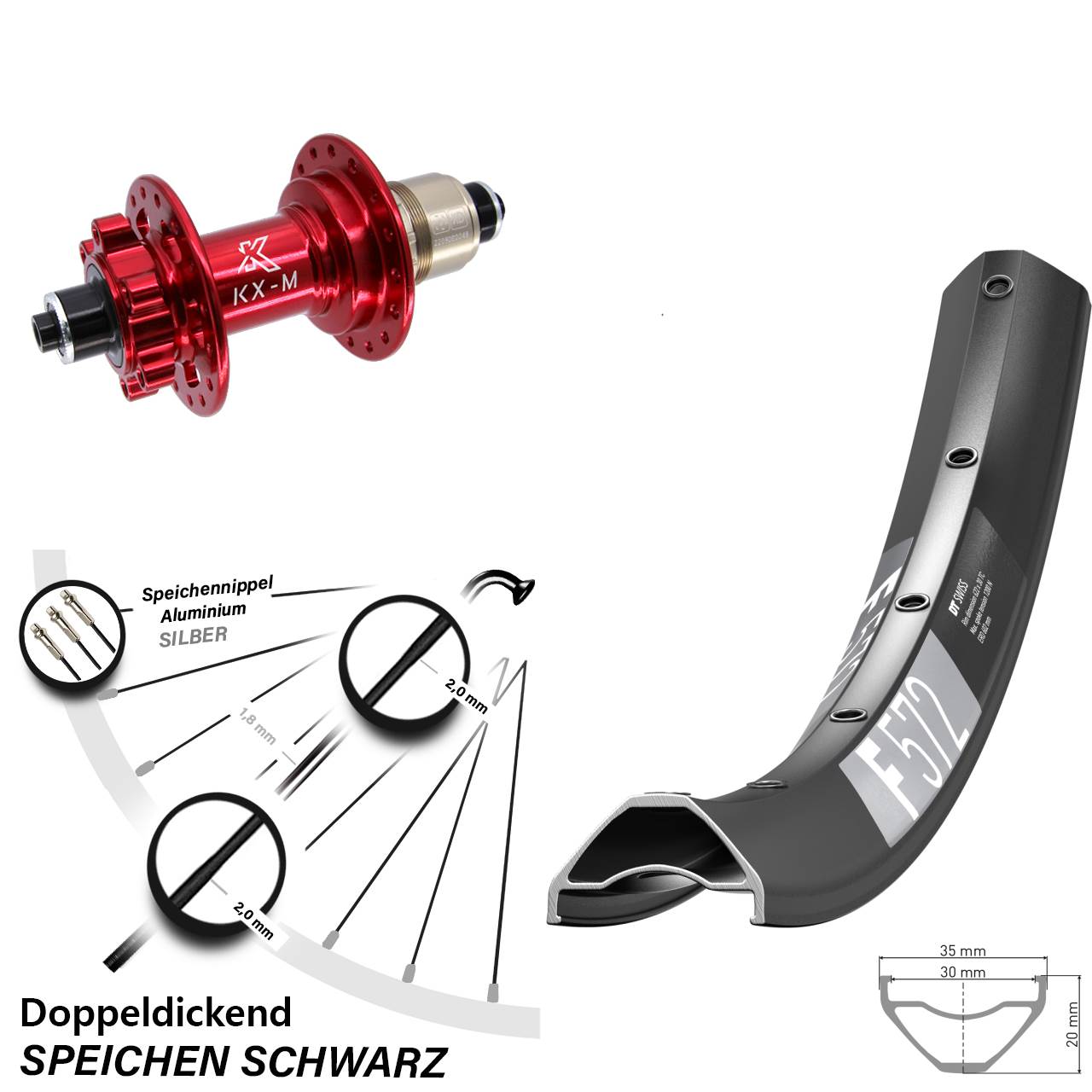 6-Loch Hinterrad für Schnellspanner 29 Zoll DT Swiss F 572 KX-M rot SRAM XD