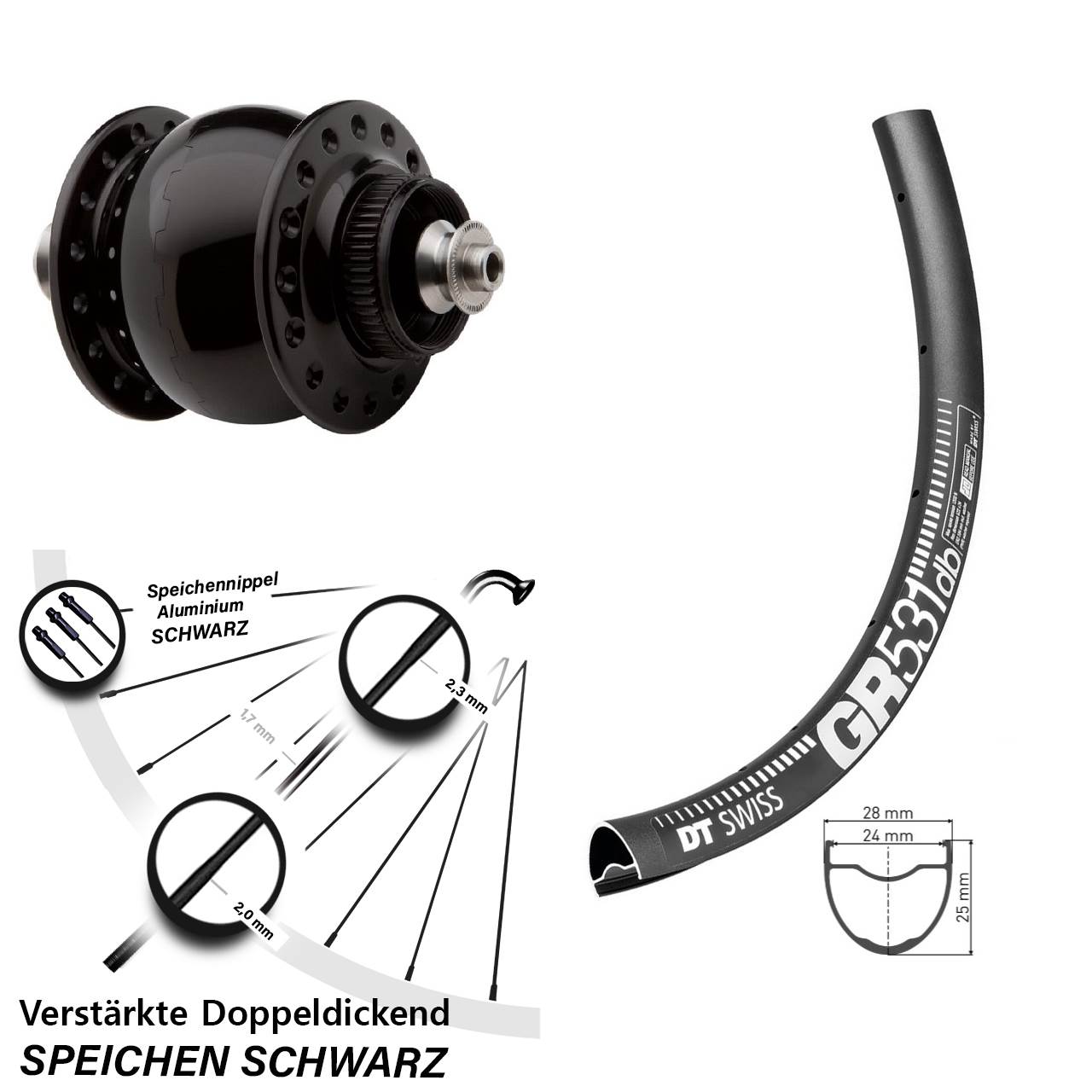 Disc Laufrad mit Nabendynamo QR DT Swiss GR 531 SON 28 Zoll