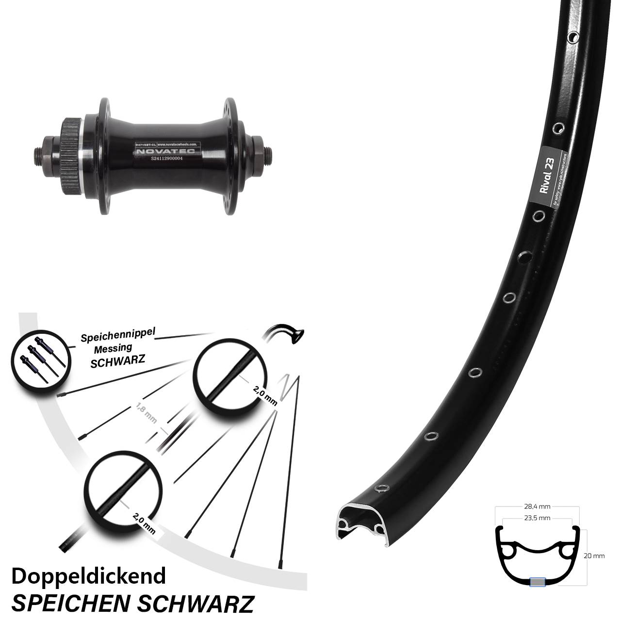 27,5 Zoll Ryde Rival 23 Novatec D471 Centerlock Vorderrad für Schnellspanner