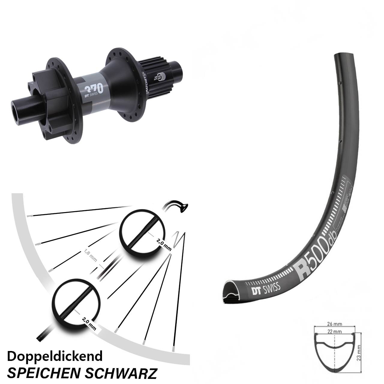 28 Zoll DT Swiss 370- R500 DB Hinterrad 6-Loch Disc Micro Spline 12x142