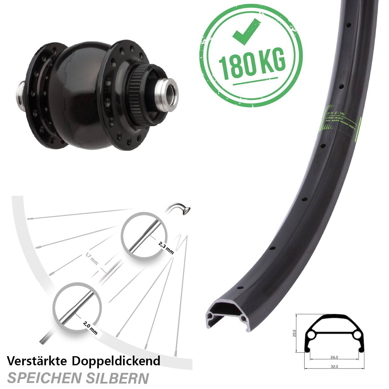 Vorderrad Bikepacking KX Evo breit Dynamo SON delux Disc Centerlock Steckachse