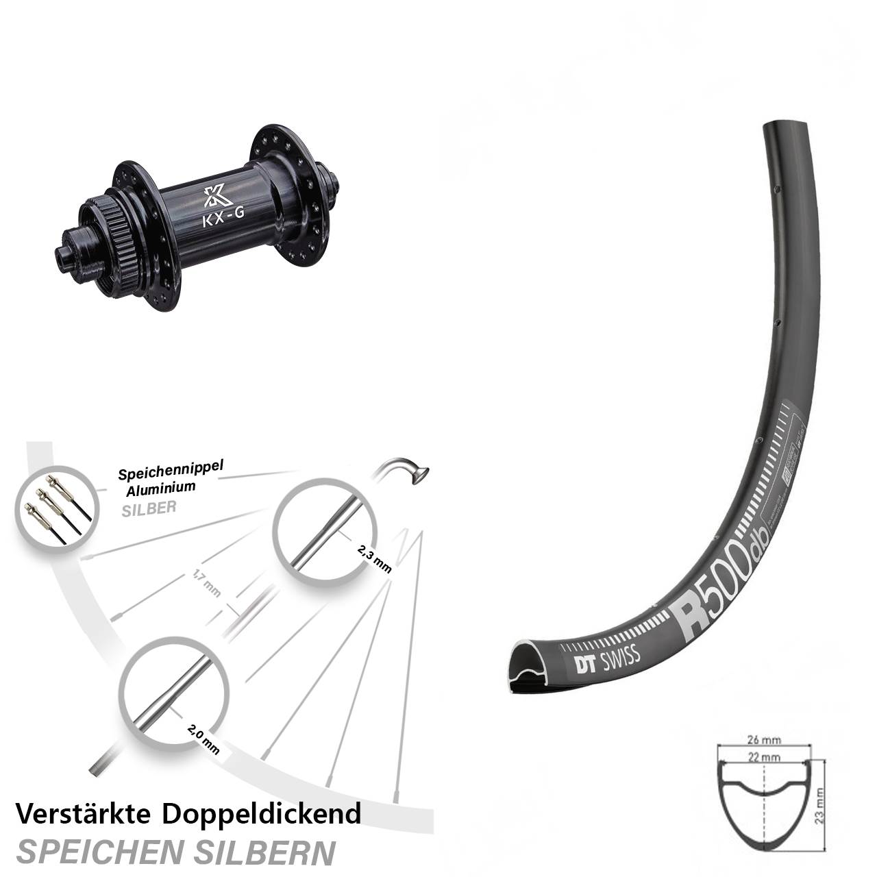 Road Disc DT Swiss R 500 Vorderrad 28 Zoll verstärkt mit KX-G Nabe 5x100 mm Centerlock