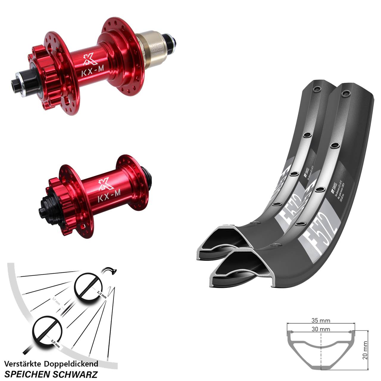 27,5 Zoll DT Swiss F 572 KX-M rot 6-Loch Laufradsatz QR XD 11-12 fach