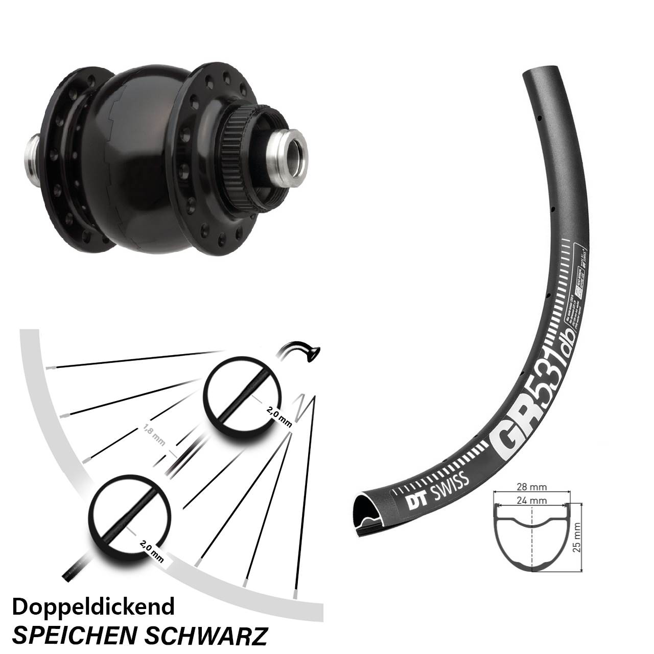 27,5 Zoll Nabendynamo Vorderrad DT Swiss GR 531 Son 28-12 Centerlock 12x100 mm
