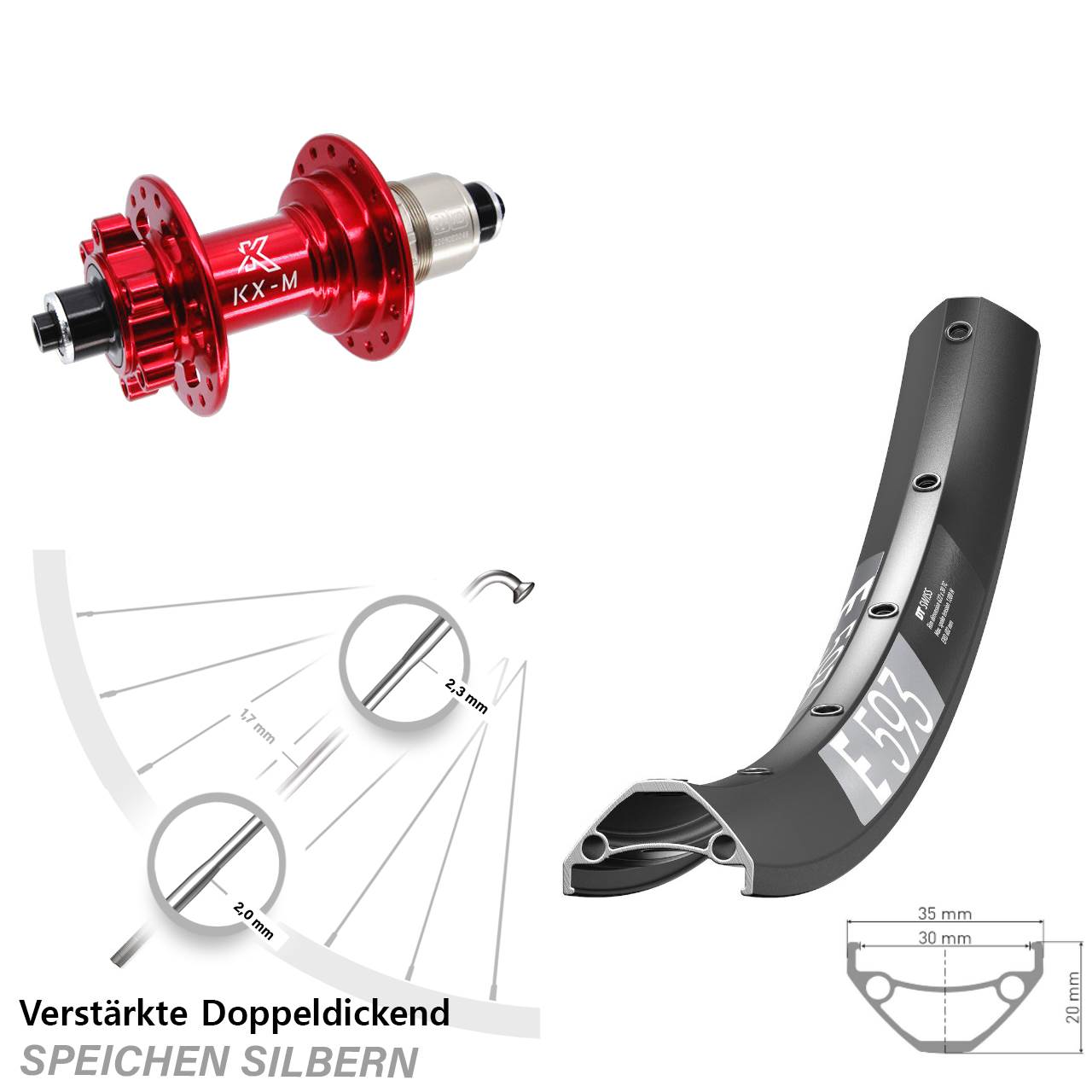 DT Swiss E593 KX-M rot 29 Zoll 6-Loch Hinterrad für Schnellspanner SRAM XD
