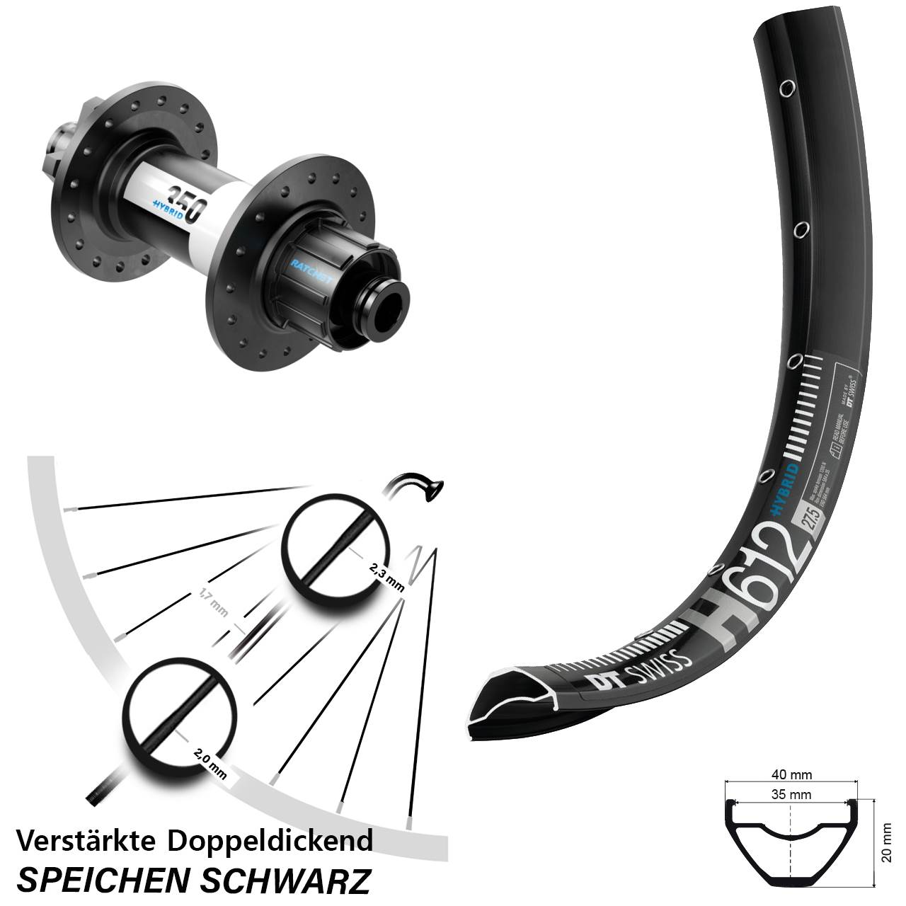 Hinterrad 27,5 Zoll DT Swiss H612-350 Hybrid 6-Loch 12/142 Singlespeed