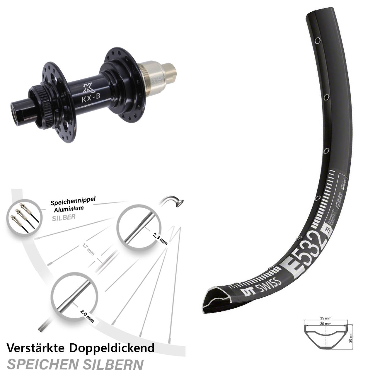 29 Zoll DT Swiss E 532 KX-B Boost Hinterrad Centerlock 12x148 XD