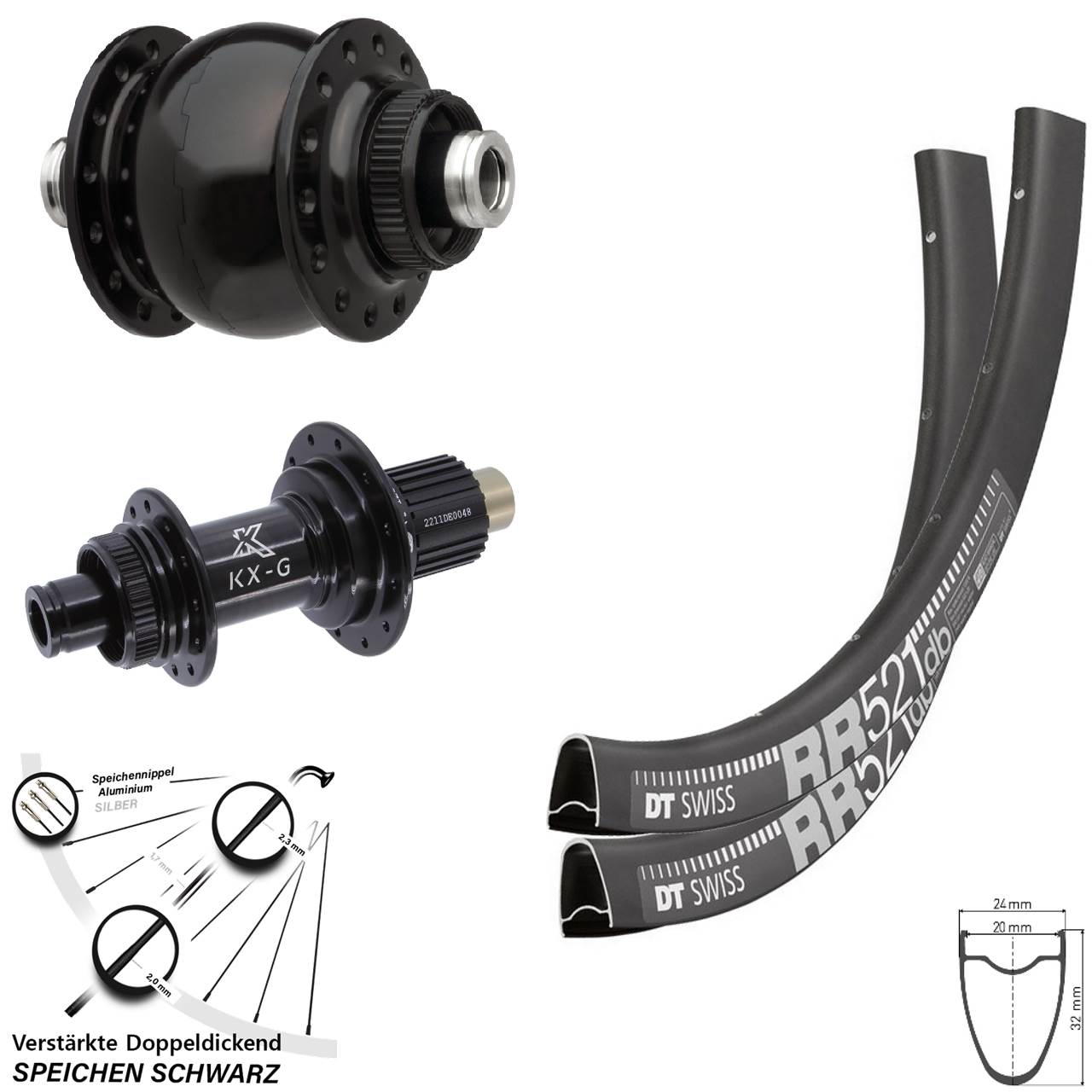 Laufradsatz Centerlock 12x100/142 DT Swiss RR 521 KX-G Steckachse SON 28 Zoll Micro Spline