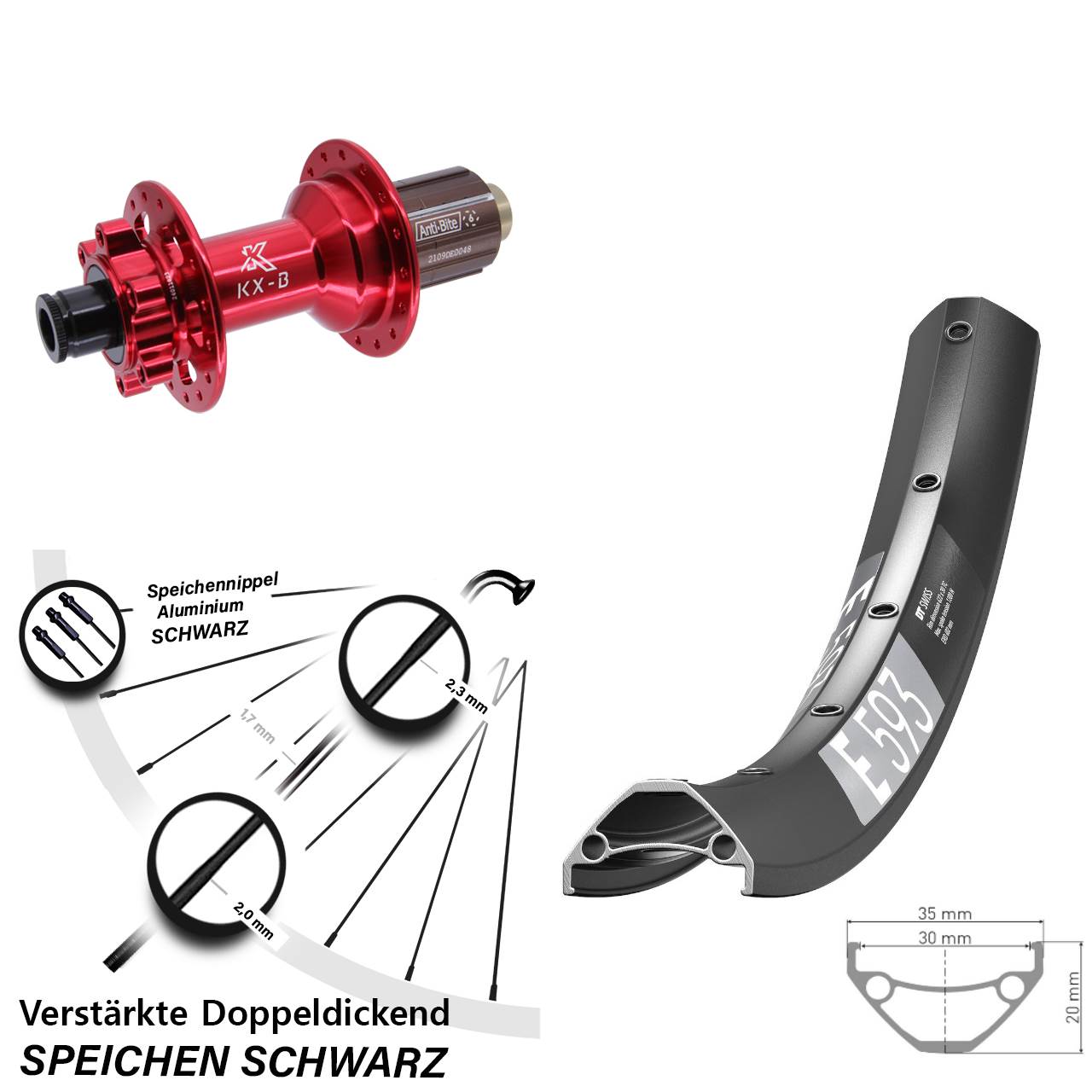 650B DT Swiss E593 KX-B rot Hinterrad 6-Loch 12x148 8-12 fach