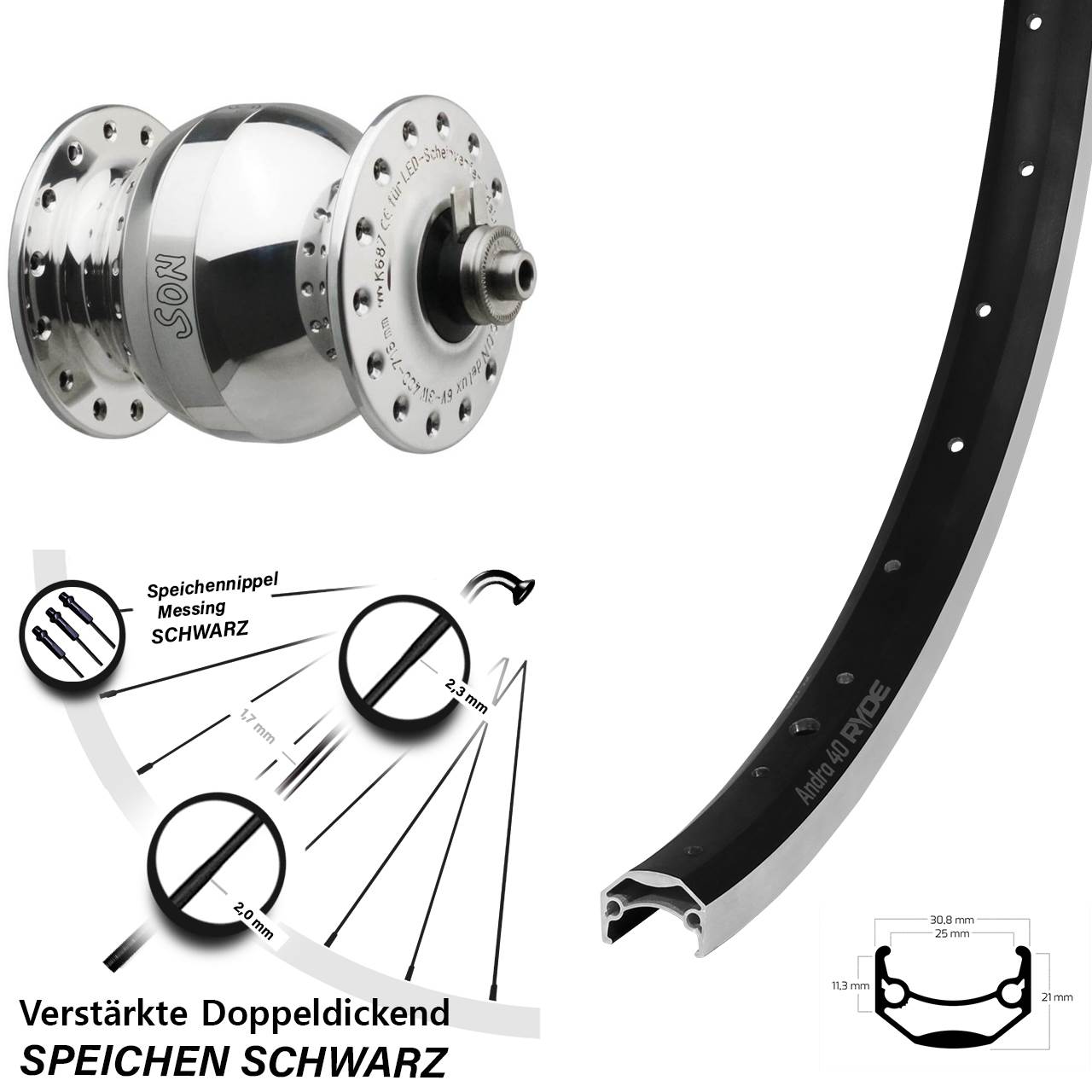 20 Zoll Ryde Andra 40 SONdelux wide body Dynamo-Vorderrad für Schnellspanner