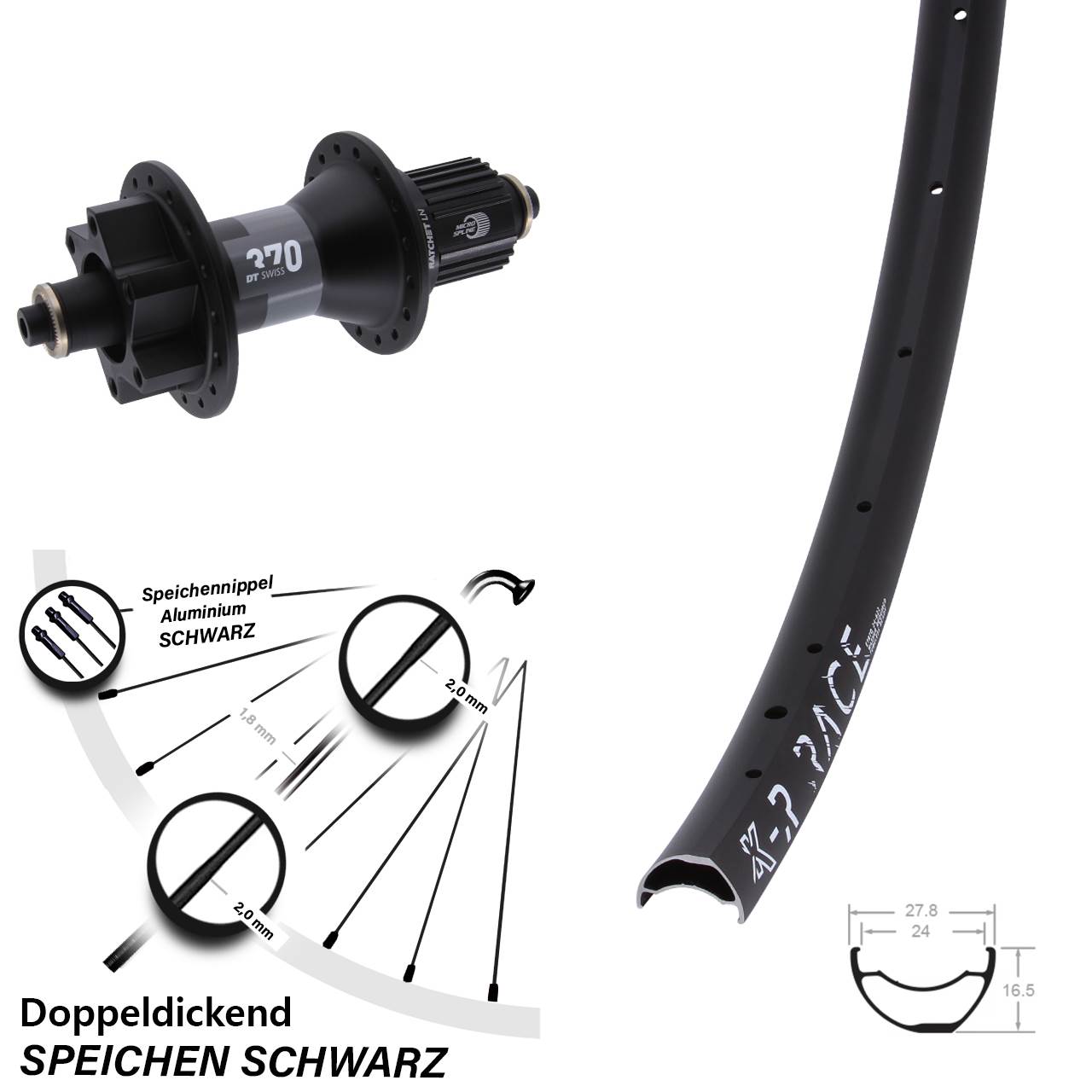 6-Loch Hinterrad für Schnellspanner KX-R Race DT Swiss 370 Hybrid Shimano Micro Spline