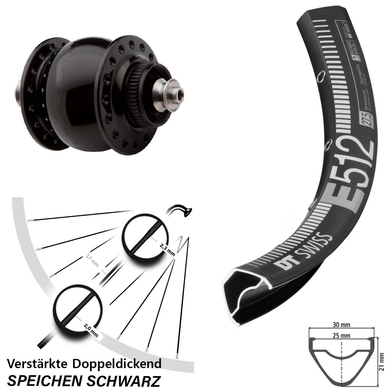 SONdelux DT Swiss E512 27,5 Zoll Nabendynamovorderrad Centerlock für Schnellspanner