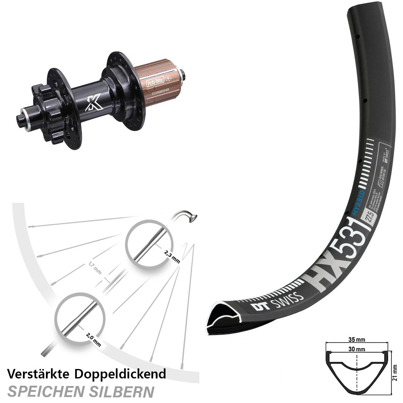DT Swiss HX531 KX-M 29 Zoll 6-Loch Hinterrad QR 8-11 fach HG