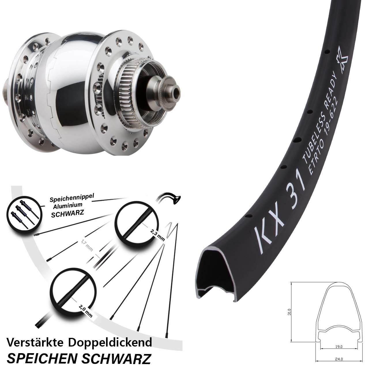 KX 31 SON 28 Zoll poliert Centerlock Vorderrad mit Nabendynamo für Schnellspanner