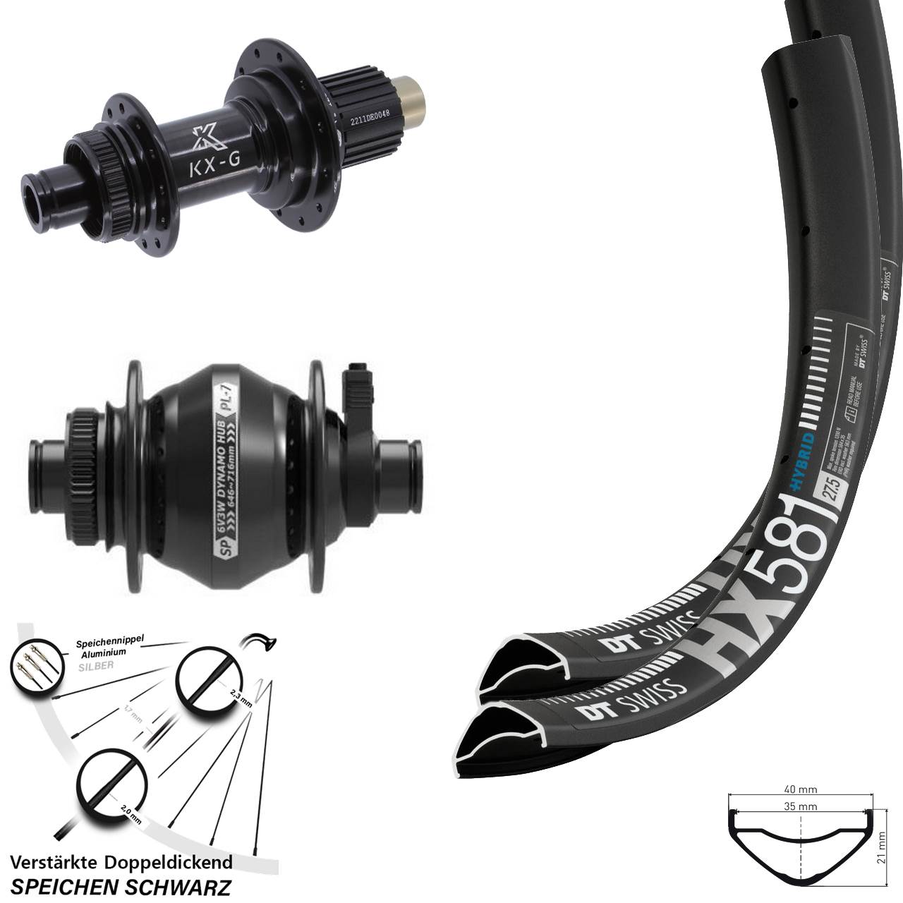 Laufradsatz Centerlock 27,5 Zoll DT Swiss HX581 KX-G Shutter PL-7 Micro Spline 12x100/142