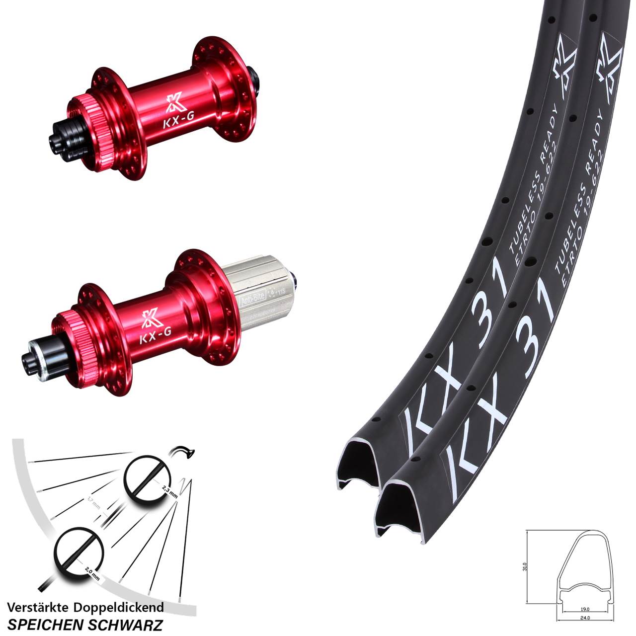 Laufradsatz Centerlock für Schnellspanner 28 Zoll KX-G 31 Offset rot 8-12 fach