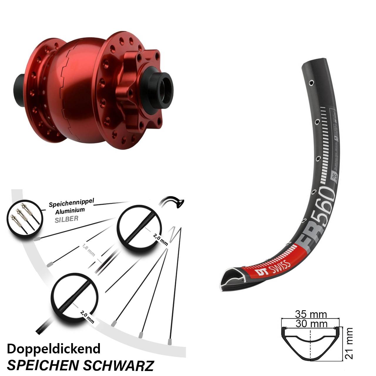 Disc Vorderrad mit Nabendynamo 26 Zoll DT Swiss FR560 SON 28 rot 15x100