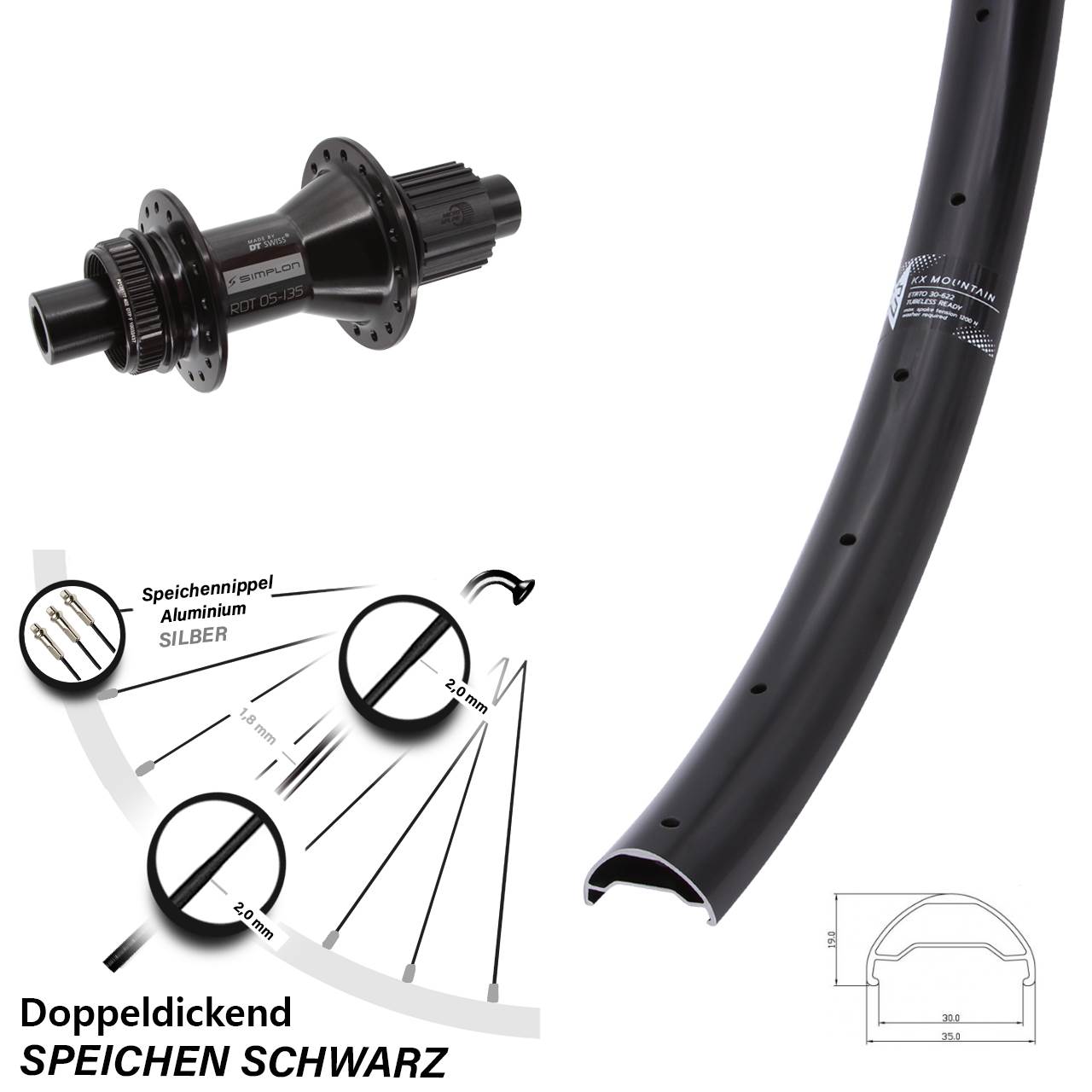 Hinterrad Centerlock 12x142 29 Zoll KX Mountain DT Swiss 370 Hybrid Micro Spline