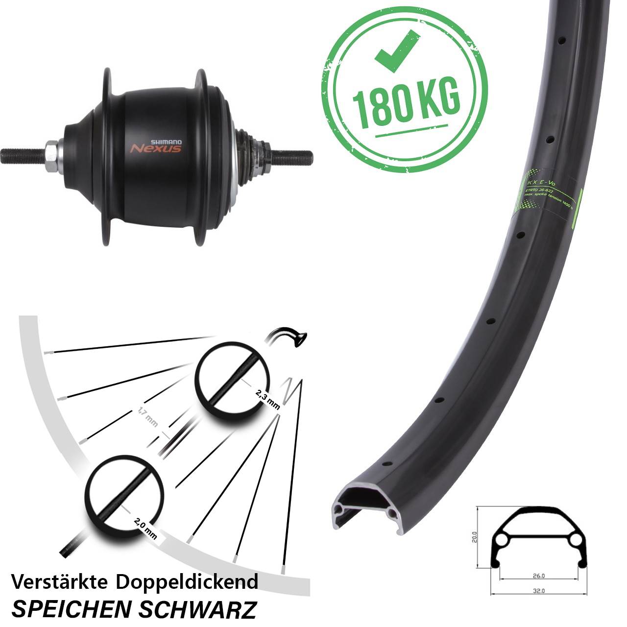Hinterrad 20 Zoll KX Evo Shimano Nexus 8 Gang Premium für Rollenbremse