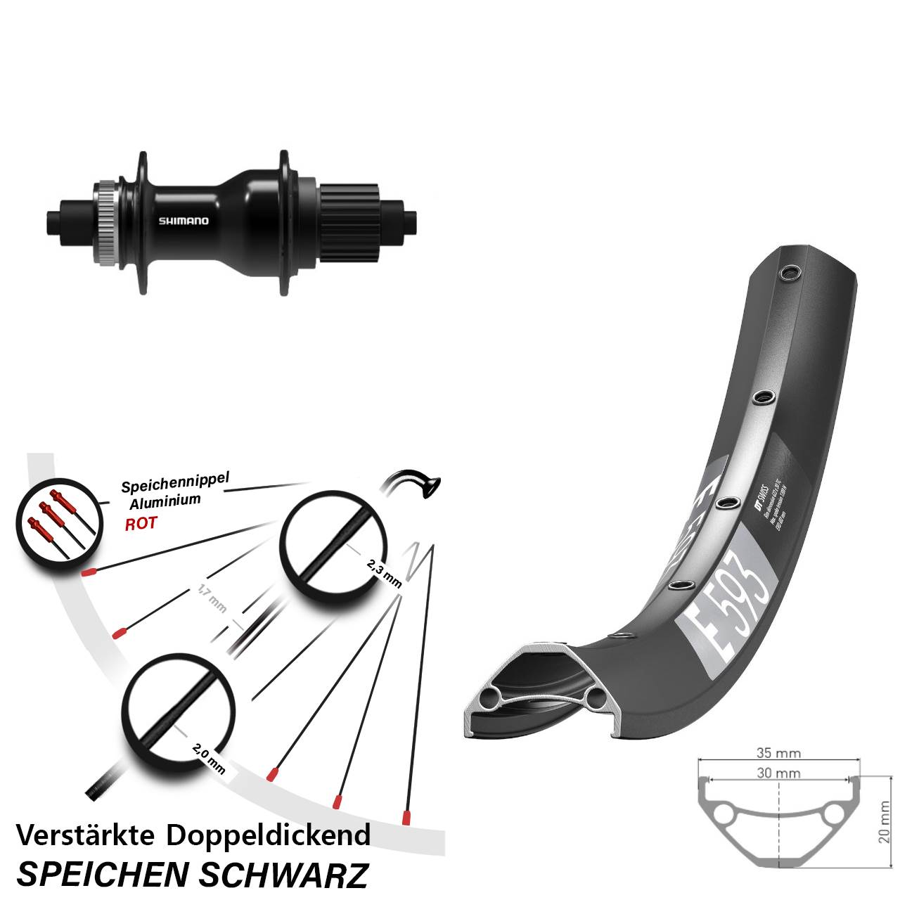DT Swiss E593 Shimano FH-QC500 29 Zoll Disc Laufrad für Schnellspanner Micro Spline