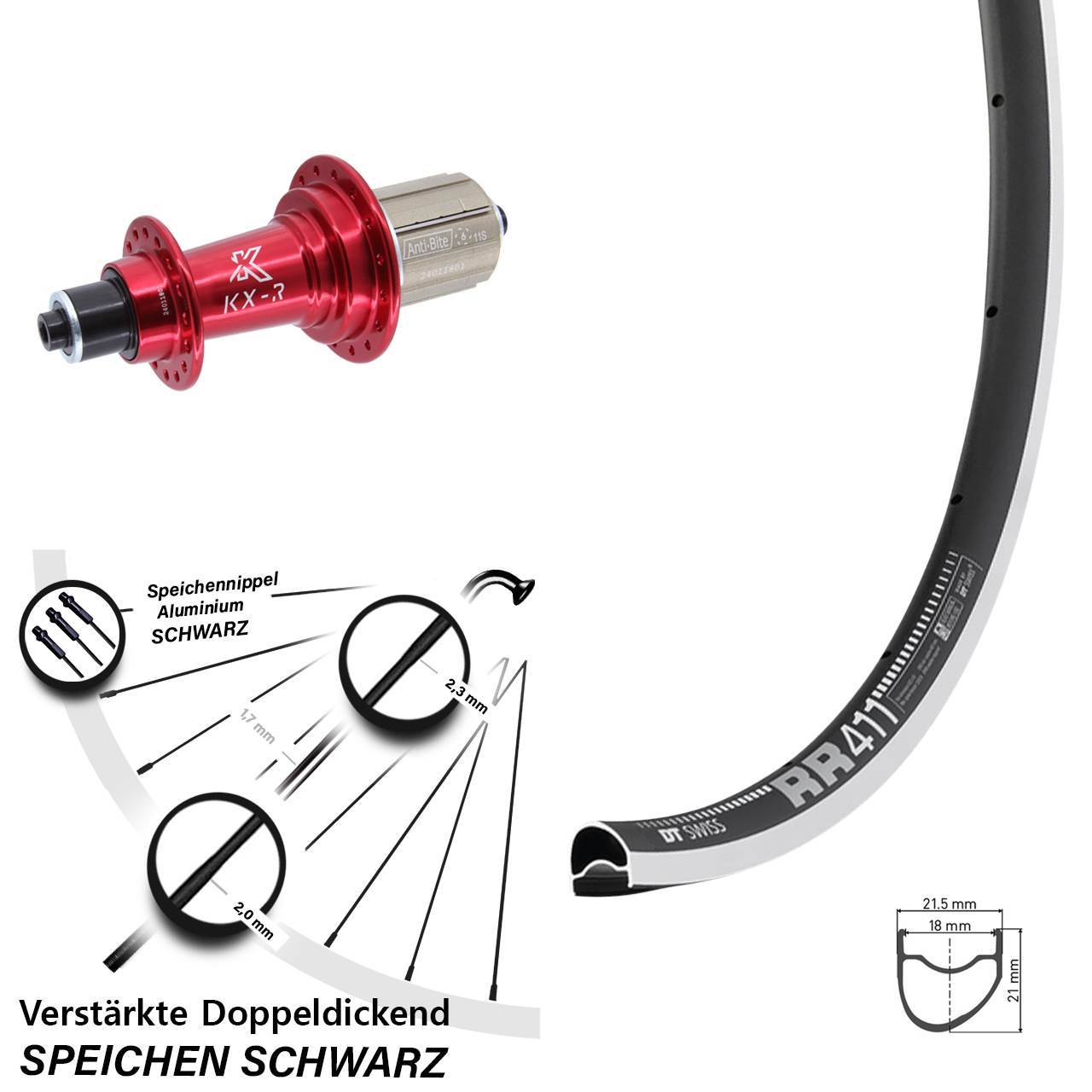 DT Swiss RR411 OS KX-R rot 28 Zoll Laufrad hinten QR 8-12 fach