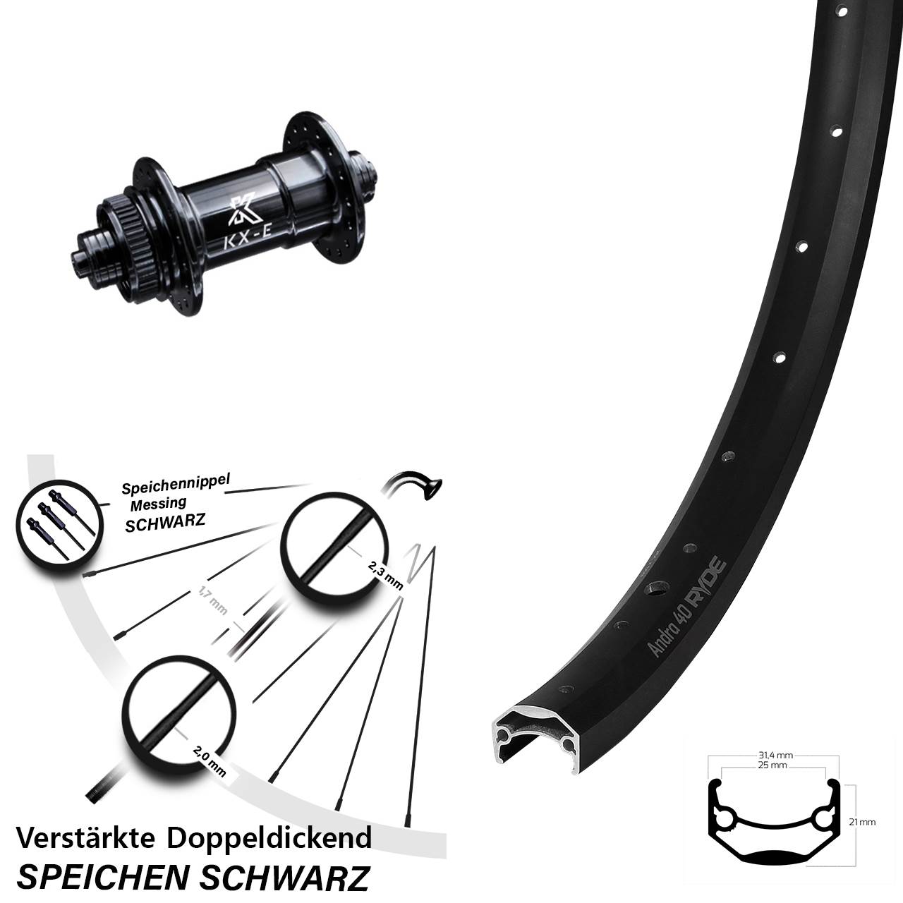 Ryde Andra 40 Disc Vorderrad E-Bike 28-29 Zoll mit KX-E Nabe 5x100 mm Schnellspanner